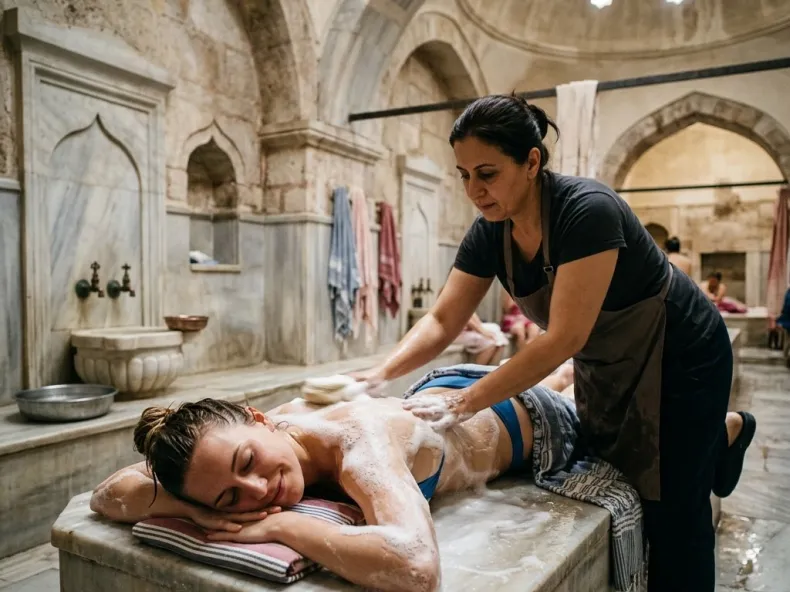 Attendant giving a guest a kese body scrub on the heated marble