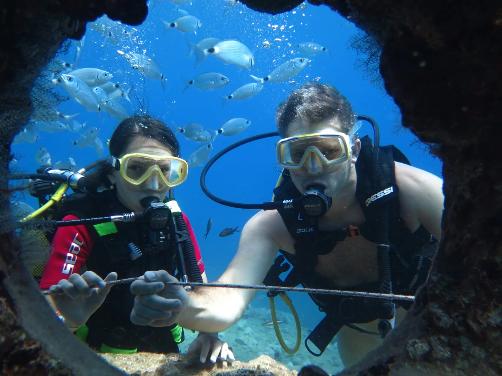 couple porthole fish feeding side