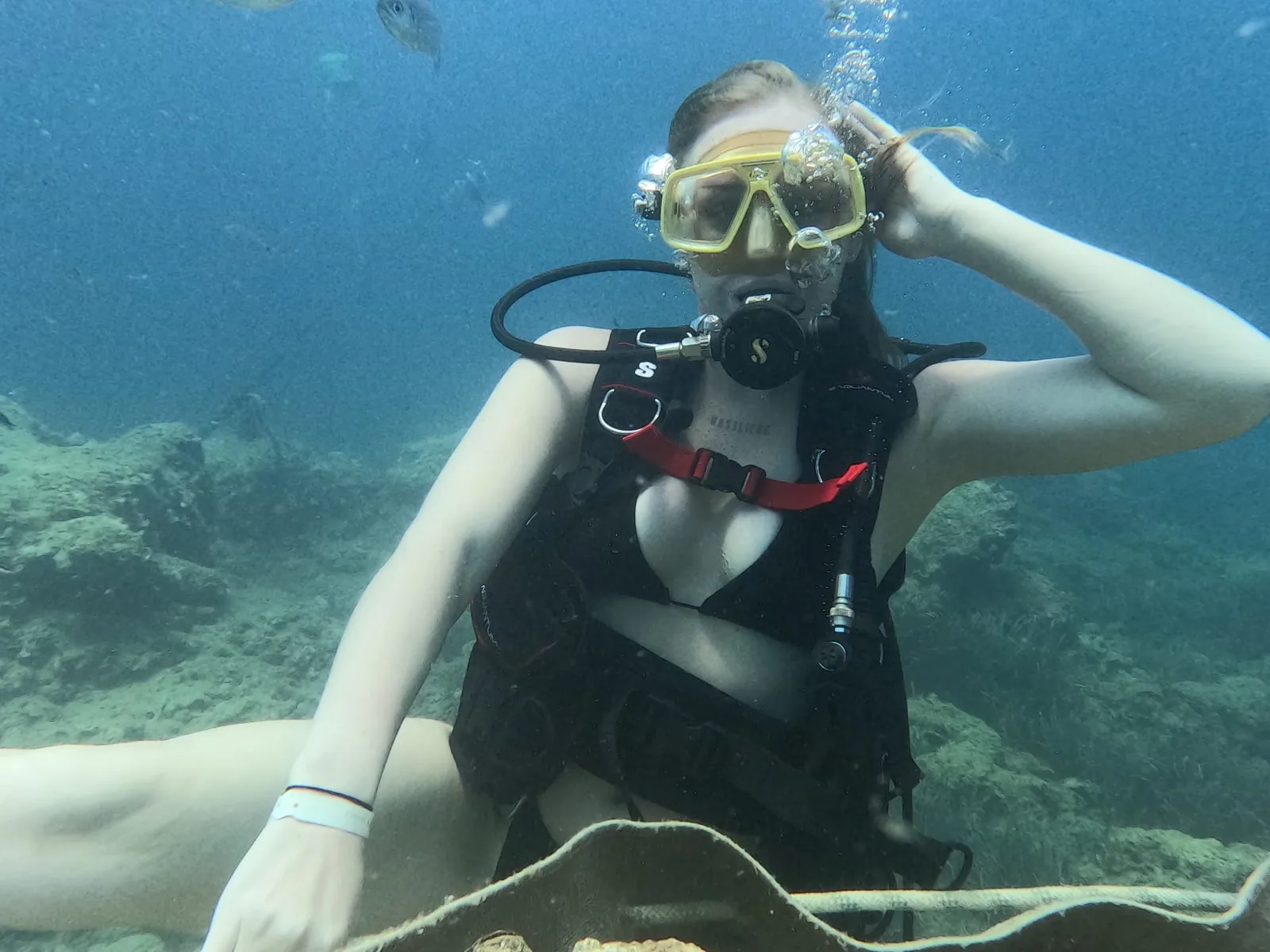 female diver portrait blue