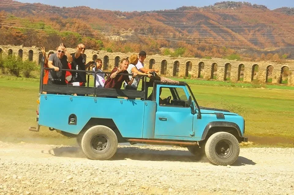 Jeep safari group passing the Roman aqueducts near Manavgat